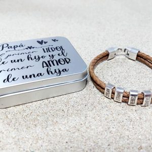 Pulsera cuero y aros grabados 5mm