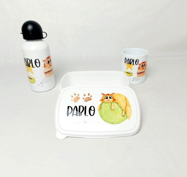 Conjunto  Gato, fiambrera, botella + taza