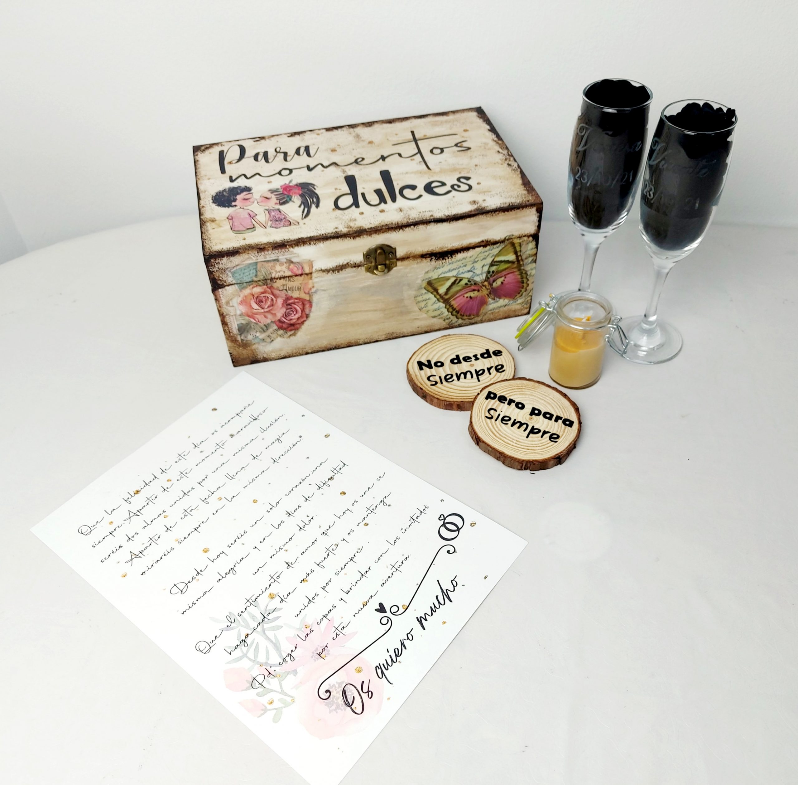 Pack novios en caja de madera