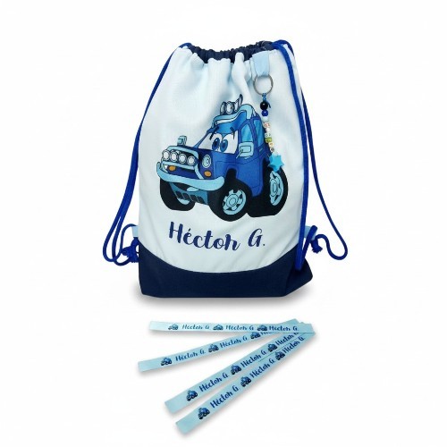 mochila de tela con cuerdas coche azul