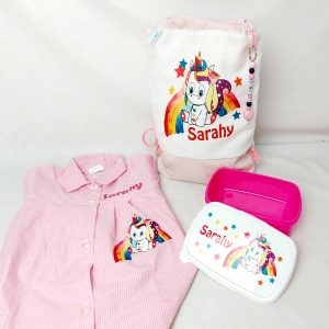 Pack mochila + baby + fiambrera unicornio arcoiris