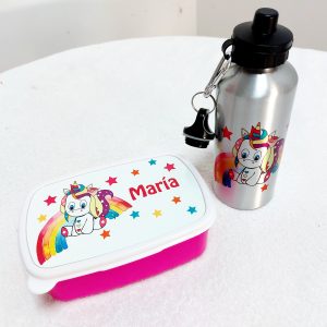 Conjunto fiambrera y  botella unicornio arcoiris