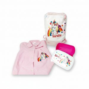 conjunto baby, fiambrera y mochila unicornio arcoiris