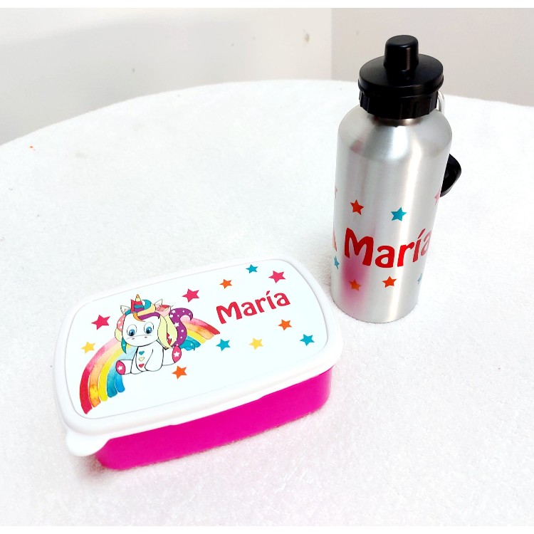 conjunto botella y fiambrera unicornio