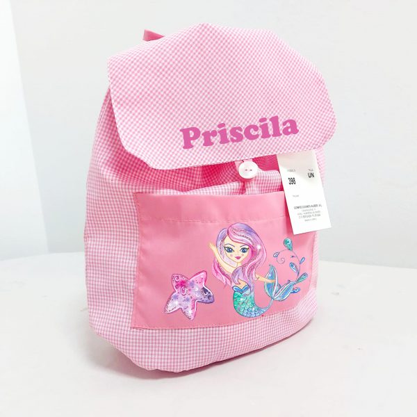 Mochila tela cuadritos rosa