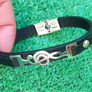 Pulsera hombre cuero negro y clave de sol