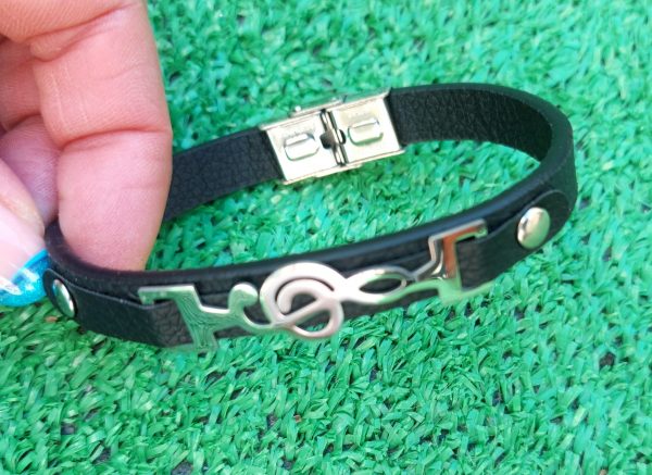 Pulsera hombre cuero negro y clave de sol