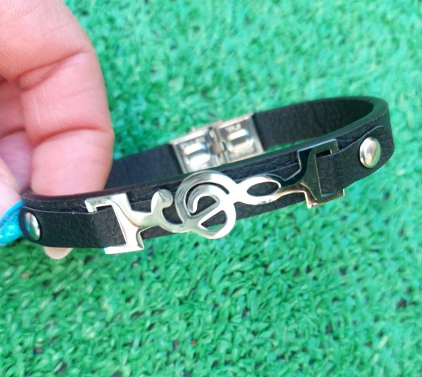 Pulsera hombre cuero negro y clave de sol - Imagen 2