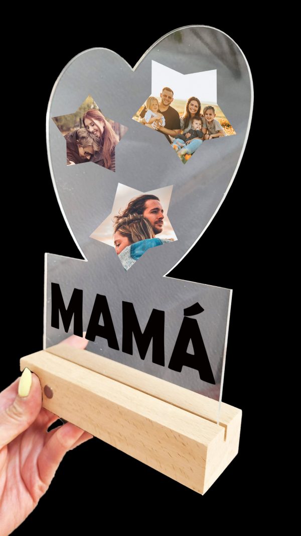 Portafotos de metacrilato + base de madera con luz Mamá