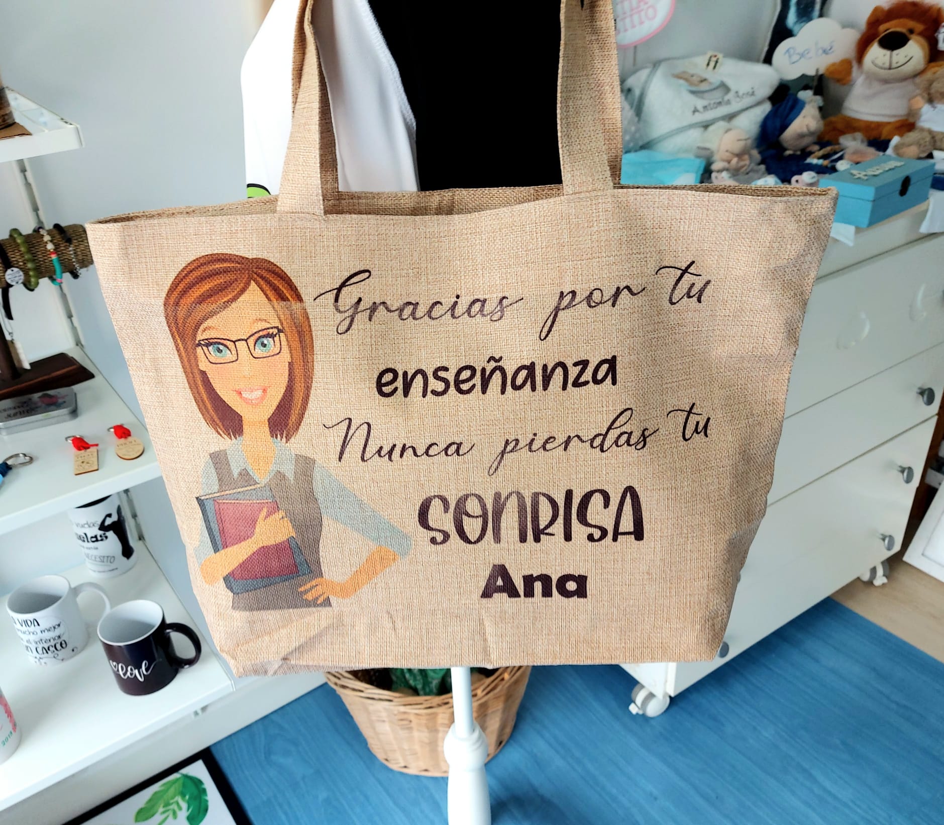 Bolso lino con neceser. Nunca pierdas la sonrisa