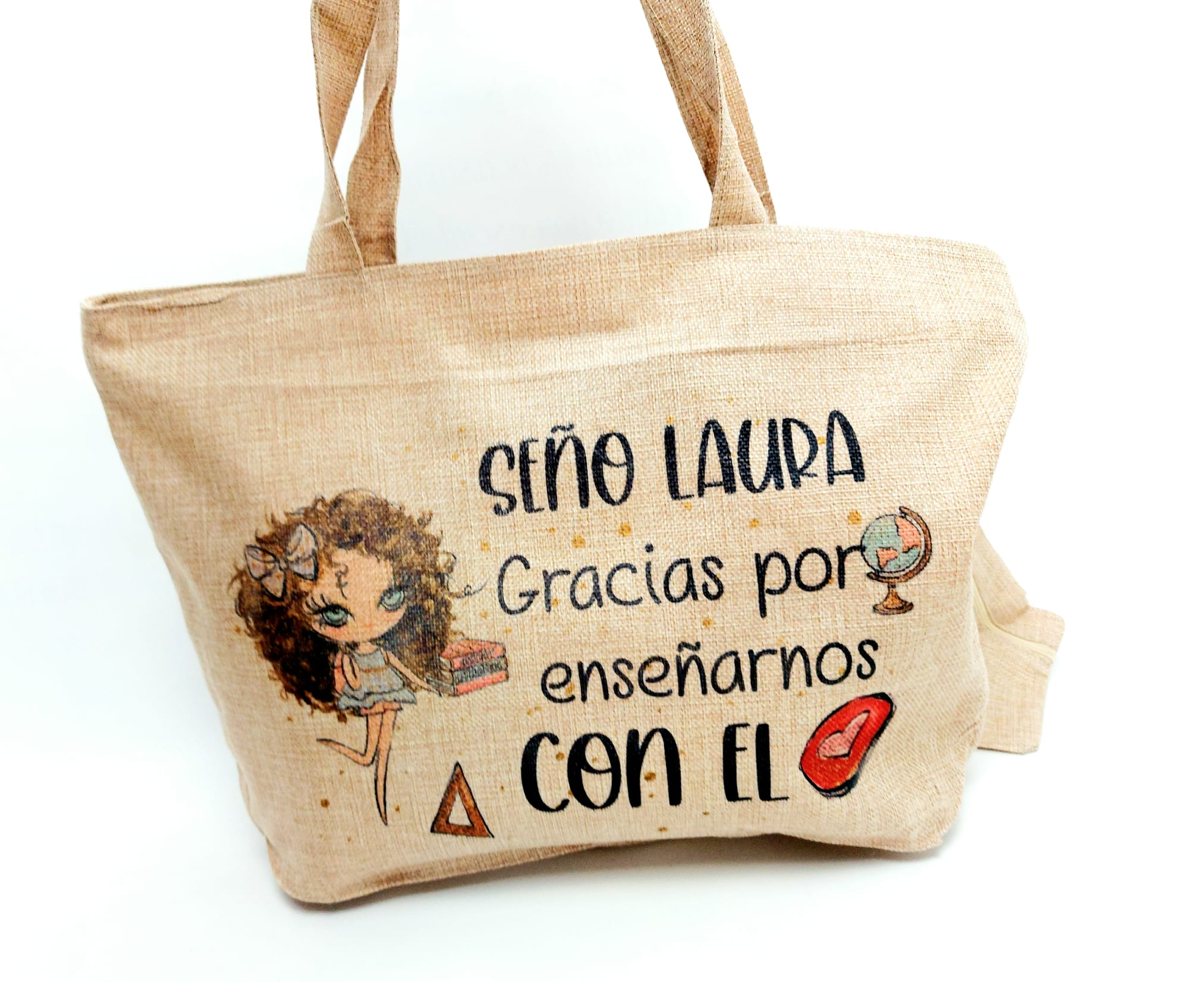 Bolso lino con neceser. Gracias por enseñarnos con e corazón