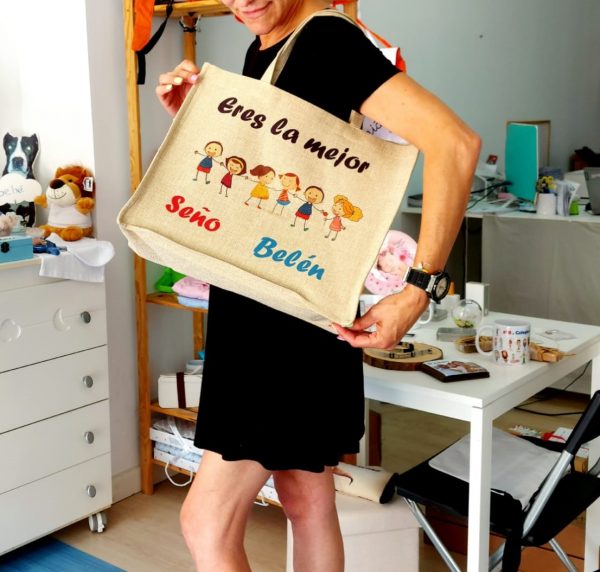 Tote bag de lino yute natural. Diseño niños - Imagen 2